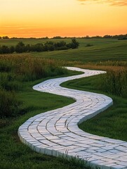 A winding white brick path meanders through the Iowa countryside at dusk