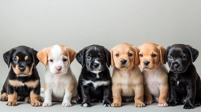 A charming lineup of six adorable puppies showcasing a variety of colors and patterns, evoking a sense of joy and playfulness.