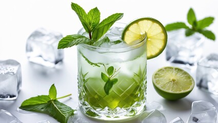 Fototapeta premium Refreshing Mint Cocktail with Lime and Ice Garnished on a Bright White Background