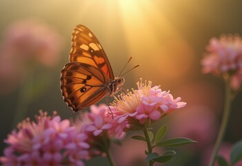 Butterfly perched on a pink flower with sunlight shining through