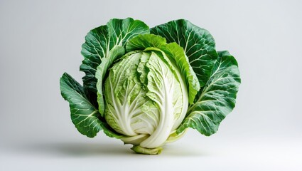 Fototapeta premium Fresh Green Cabbage Isolated on White Background Healthy Vegetarian Food Nutrient Rich Low Calorie Vegetable for Culinary Use