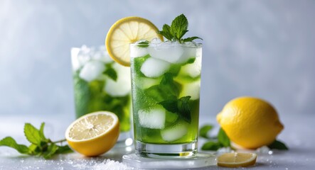 Fototapeta premium Refreshing Mojito Cocktail with Soda, Fresh Mint, and Lemon Slices Over Ice on a Light Background for Summer Enjoyment and Refreshment.
