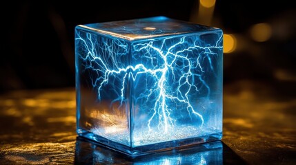 A stunning glass cube with luminous blue lightning effects captured in a magical setting, conveying a sense of energy and vibrancy.