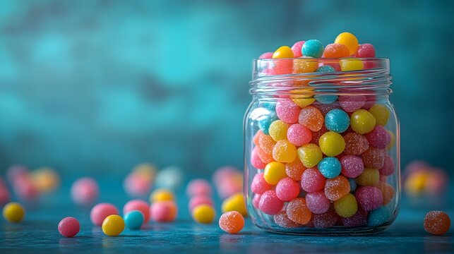 A Jar of Delight: Celebrating the Sweetness of Pastel-Colored Candies in a Vibrant Setting