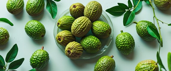 Freshly Harvested Feijoa Fruits Arranged Aesthetically on a Light Background with Green Leaves for Natural Food Photography
