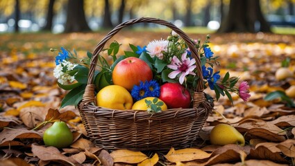 Wicker Basket Filled With Fresh Fruits And Colorful Flowers Surrounded By Fallen Leaves In Autumn Park Setting