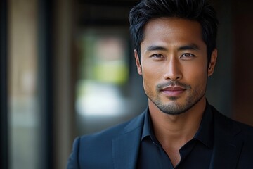 Fototapeta premium Handsome man in a black suit poses confidently in an urban setting during daylight