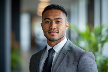 Fototapeta premium Young professional in a tailored suit smiling confidently in a modern office setting