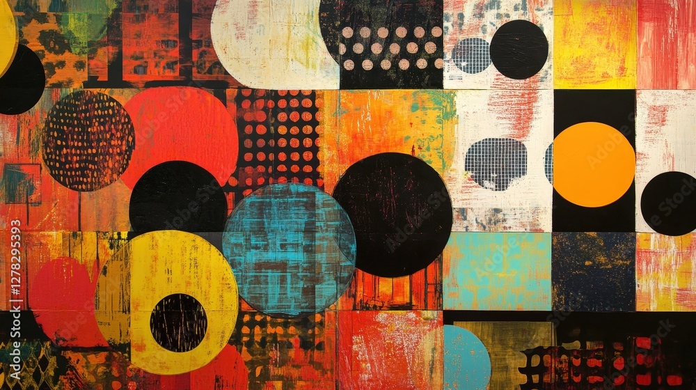 Poster circles and squares overlapping, with each shape filled with a different pattern, creating a playful
