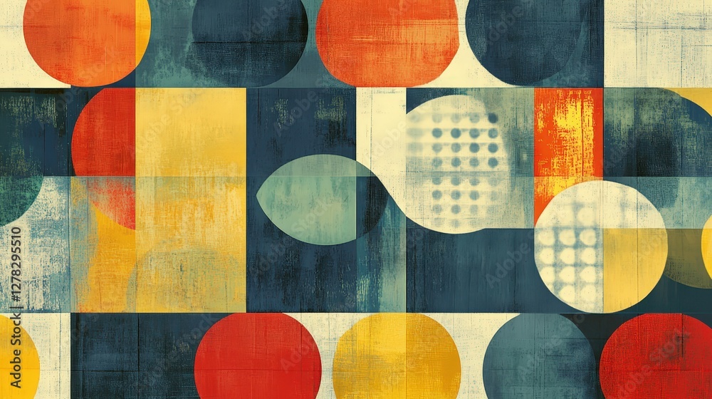 Poster circles and squares overlapping, with each shape filled with a different pattern, creating a playful