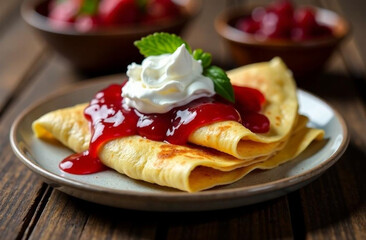 Tasty crepe with jam and cream on a plate