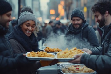 A diverse group of volunteers distributing warm meals to homeless people in an urban shelter.