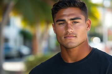 Fototapeta premium Confident young man stands outdoors in a sunny urban setting with palm trees and blurred vehicles in the background