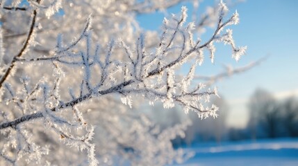 A close-up view of frost-covered branches against a clear blue sky, evoking a serene winter atmosphere.