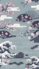 Serene Japanese floral and wave motif pattern with sakura flowers, plum blooms, fans, and clouds in a seamless traditional design for textiles, packaging, and wallpapers.