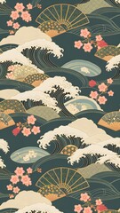 Serene Japanese floral and wave motif pattern with sakura flowers, plum blooms, fans, and clouds in a seamless traditional design for textiles, packaging, and wallpapers.