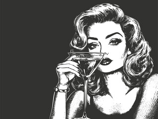 Vintage-style illustration of a glamorous woman holding a cocktail glass.