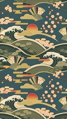 Serene Japanese floral and wave motif pattern with sakura flowers, plum blooms, fans, and clouds in a seamless traditional design for textiles, packaging, and wallpapers.