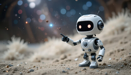 small robot pointing in sandy environment with glowing particles