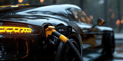 Close-up of a sleek black car under a bright yellow glow on a glistening wet road. Car angled to the right; reflective puddles enhance its dramatic presence in an urban twilight setting