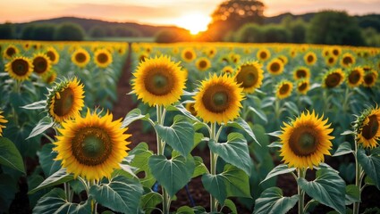 Obraz premium Vibrant Sunflower Field Bathed in Golden Sunset Glow Against Scenic Nature Background