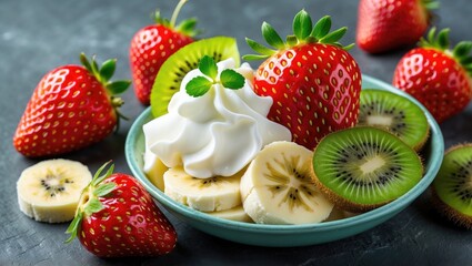Refreshing fruit salad featuring strawberries, bananas, kiwis, and whipped cream in a vibrant setting with space for text or branding.