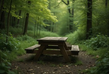 Fototapeta premium Wooden Picnic Table in Forest Surrounded by Lush Green Vegetation and Tall Trees, Perfect for Nature and Outdoor-Themed Designs