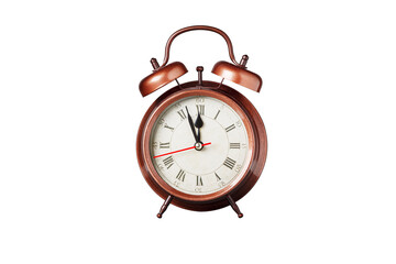 retro clock, pointer clock, brown color alarm clock on isolated white background close up