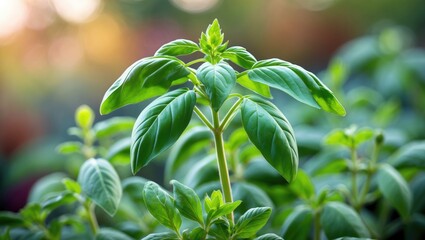 Obraz premium Fresh Holy Basil Plant with Lush Green Leaves in a Softly Blurred Garden Background Natural Herbal Healing and Culinary Use Concept