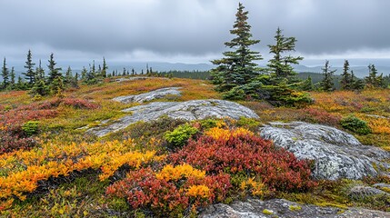 Autumn mountaintop landscape, colorful vegetation, cloudy sky, scenic view, background, stock photo