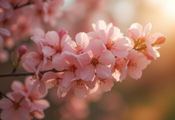 Fototapeta premium Close-up of a cluster of pink cherry blossoms in full bloom on a branch with delicate petals and prominent stamens against a softly blurred background creating a warm bokeh effect 