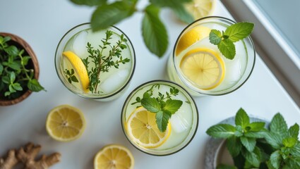 Refreshing thyme and ginger lemonade with lemon slices and mint leaves served in glasses on a light table with fresh ingredients and empty space.