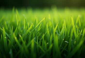 Fototapeta premium Close-up view of vibrant green grass blades with glistening dew drops under warm sunlight and softly blurred background perfect for nature and freshness themes