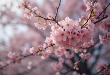 Obraz premium Close-up view of light pink cherry blossoms in full bloom on a branch with delicate petals and yellow stamens against a softly blurred background perfect for capturing the essence of springtime beauty