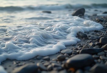 Obraz premium Foamy ocean waves gently caressing the smooth pebbles on a tranquil beach, capturing the intricate lace-like patterns of the sea foam against the wet sand, perfect for nature and coastal-themed design