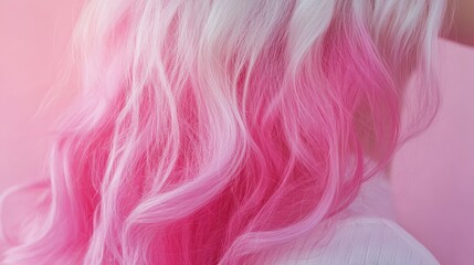 Obraz premium A close-up of a woman with long, wavy hair featuring a striking gradient of white to vibrant pink, set against a soft pink background.