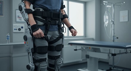 Person in Gray and Silver Robotic Exoskeleton in a Medical Setting