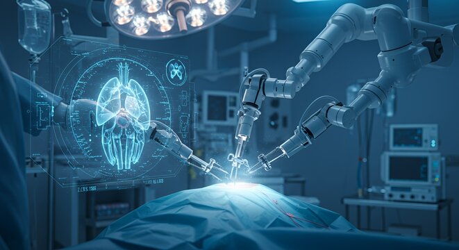 Robotic Arm Assisting Surgeon in Futuristic Operating Room: Holographic Overlay Shows Precise Surgical Procedure