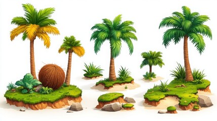 Obraz premium Cartoon palm trees on floating land pieces with rocks, sand, and greenery, designed in a tropical island theme.