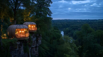 Fototapeta premium Elevated treehouses at dusk overlooking valley