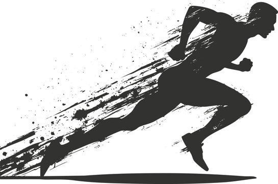 Silhouette of a runner in motion with dynamic brush stroke effect.
