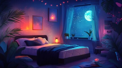 A cozy bedroom with calming elements like a soft mattress, blackout curtains, and white noise machines.