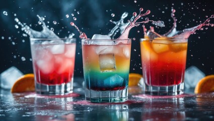 Colorful Cocktails Splashing with Ice Cubes on a Dark Background for Vibrant Drink Promotions and Party Themes