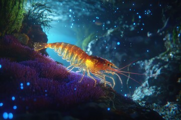 Luminous Shrimp Navigates Vibrant Underwater Reef