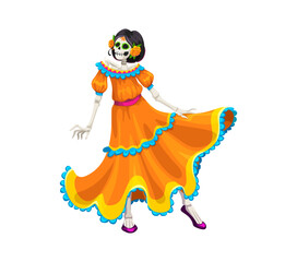 Mexican day of the dead dia de los muertos Catrin character dressed in bright orange dress, celebrating traditional event. Skeleton dancer woman exudes festive spirit with an artistic vibe