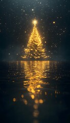 Naklejka premium Golden christmas tree reflected in water under a starry sky