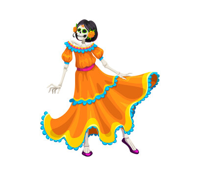 Mexican day of the dead dia de los muertos Catrin character dressed in bright orange dress, celebrating traditional event. Skeleton dancer woman exudes festive spirit with an artistic vibe