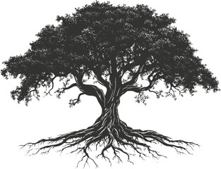 Black and white silhouette of a tree with exposed roots.