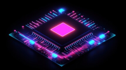 A vibrant, futuristic microchip with glowing neon blue and pink lights, showcasing intricate circuitry against a sleek black background.
