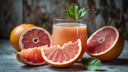 Fresh Grapefruit Halves and Glass of Juice with Mint Leaves on Rustic Background